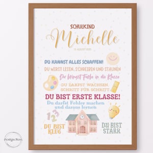 Könnte beinhalten: Ein gerahmter Druck mit hellem Hintergrund und einem braunen Holzrahmen. Der Druck zeigt den Namen "Michelle" in goldener Schrift, zusammen mit farbenfrohem Text und Illustrationen, darunter ein Schulhaus und ein lächelndes Gesicht. Der Text ist auf Deutsch.