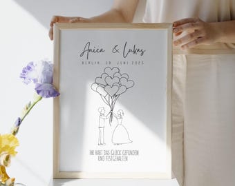 Affiche de mariage personnalisée – Photo de mariage minimaliste avec mariés et ballons – Cadeau de mariage avec noms et date – Bonheur