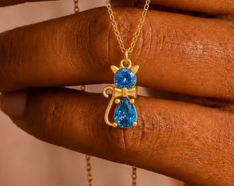 Collier personnalisé avec pierre de naissance, pendentif chat, bijou en argent sterling, cadeau d'anniversaire pour femme