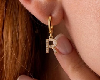 Personalised Initial Hoop Earrings, 925 Sterling Silver Dainty Letter Charm Earrings, Gift for Her