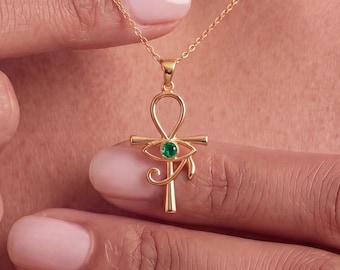 14K Gold Eye of Ra Necklace with Birthstone, Silver Ankh Cross Pendant, Egyptian Jewellery for Women