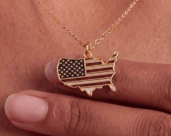 Patriotic Flag Necklace, Stars and Stripes USA Pendant, Fourth of July Gift For Her, Sterling Silver American Pride Jewelry