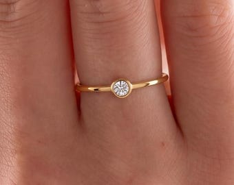 Dainty Sterling Silver Solitaire Ring, Tiny Birthstone Rings for Women, Minimalist Birth Month Stackable Jewelry, Custom Birthday Gift Girl