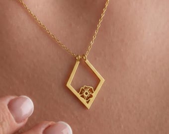 Birth Flower Ring Holder Necklace Geometric, Custom Engagement Ring Holder Pendant, Wedding Ring Keeper Jewelry, Mother's Day Gifts