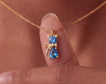 Custom Birthstone Bow-Tied Cat Necklace, Sterling Silver Cat Lover Jewelry, Cat Mom Gift