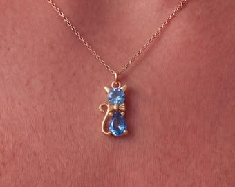 Cat Birthstone Necklace, Bow-Tied Cat  Necklace, Sterling Silver Cat Lover Jewellery