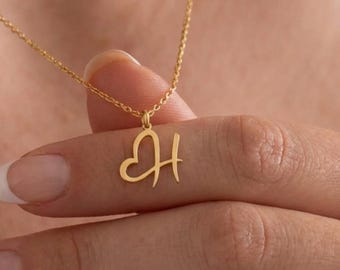 Custom Heart Initial Necklace, Dainty Sterling Silver Letter Pendant Necklace, Minimalist Alphabet Jewelry, Gift For Mom, Gift for Women