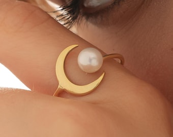 White Pearl Crescent Moon Ring, 14k Gold Plated Ring, Sterling Silver Pearl Rings For Women, Dainty Lunar Ring, Crescent Moon Jewelry