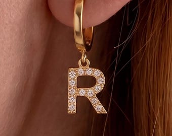 Pave Initial Earring, Custom Letter Huggie Hoop Earrings, Sterling Silver Dangle Charm Earrings, Minimalist Jewelry, Gift For Her