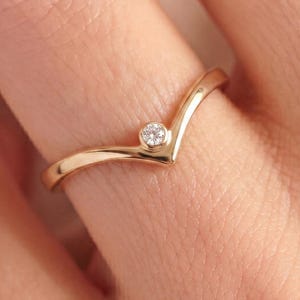 May include: A gold-colored chevron ring with a small, round, clear gemstone at the center. The ring is on a finger, and the background is blurred.