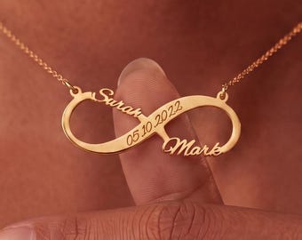 2 Names Infinity Necklace, Custom Name and Date Pendant, Sterling Silver Couples Jewelry