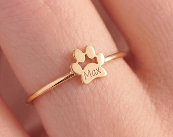 Personalized Paw Print Ring, Dainty Paw Name Ring, Minimalist Pet Memorial Jewelry, Engraved Dog Loss Gift, Pet Lover Keepsake