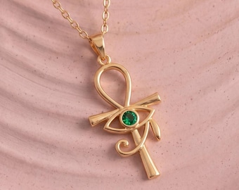 Dainty Eye of Ra Necklace with Birthstone, Sterling Silver Ankh Cross Pendant, Egyptian Protection Jewelry