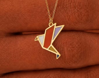 Collier oiseau en origami, pendentif en émail coloré en argent sterling 925, breloque colombe géométrique, cadeau minimaliste pour femme