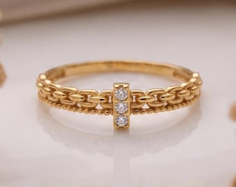 Elegant CZ Bar Chain Ring, Dainty Gold Mesh Band Ring, Sterling Silver Triple Stone Ring, Minimalist Stacking Jewelry, Gift For Women