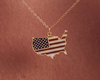 USA Map Necklace, American Pride Patriotic Pendant, Independence Day Gift For Women, 250th Anniversary Sterling Silver Flag Jewelry