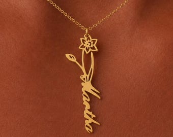 Collier prénom fleur de naissance personnalisé, bijoux en argent sterling pour le mois de naissance, cadeau d'anniversaire pour femme