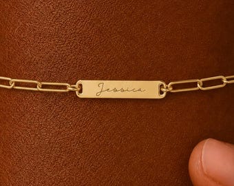 Bracelet barre prénom pour femme, bijou délicat gravé, bracelet trombone en argent sterling, cadeau personnalisé pour elle