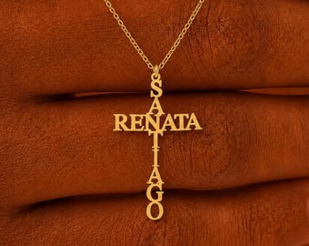 Collier avec deux prénoms en croix, délicat collier chrétien, cadeau personnalisé pour épouse, cadeau de Noël pour femme
