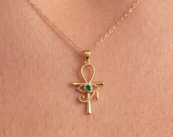 Eye Of Ra Necklace With Birthstone, Custom Ankh Cross Pendant, Egyptian Protection Jewelry