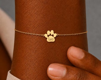 Paw Print Name Bracelet, Personalized Engraved Pawprint Bracelet, Custom Dog Bracelet For Women, Minimalist Pet Memorial Jewelry