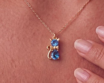 Cat Necklace with Birthstone, Bow-Tied Cat Necklace, Sterling Silver Cat Lover Jewelry