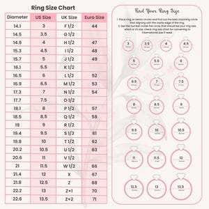 A pink and white ring size chart with columns for Diameter (in mm), US Size, UK Size, and Euro Size. On the right, there's a guide showing how to measure your ring size by matching a ring's inner edge to circles marked with US sizes and corresponding diameters. Sizes range from US 3 (14.1 mm) to US 13.5 (22.6 mm). Instructions explain how to use the visual guide to determine ring size accurately.