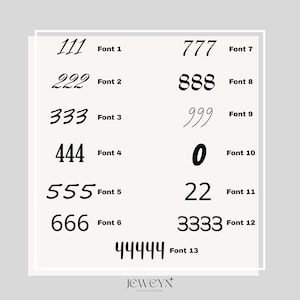Op de afbeelding: Een witte achtergrond toont 13 lettertypevoorbeelden met nummers en bijbehorende lettertypenamen. De lettertypen vari&euml;ren van elegante scripts tot gedurfde, moderne stijlen. Het merklogo "JEWEYN" staat onderaan.