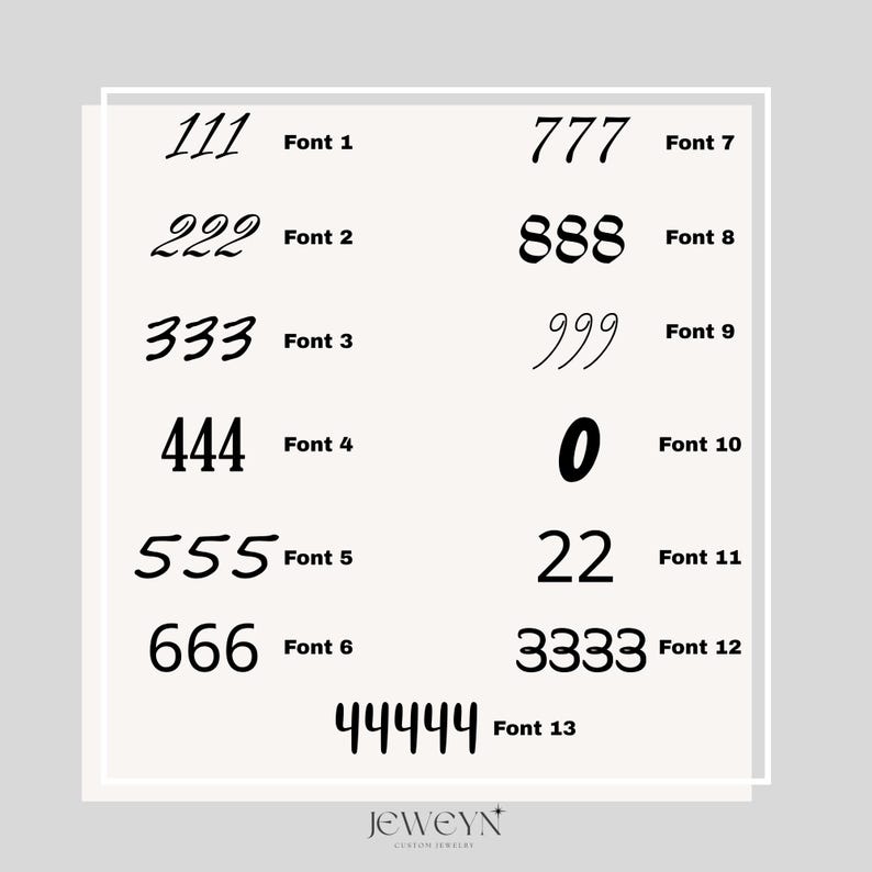 Op de afbeelding: Een witte achtergrond toont 13 lettertypevoorbeelden met nummers en bijbehorende lettertypenamen. De lettertypen vari&euml;ren van elegante scripts tot gedurfde, moderne stijlen. Het merklogo "JEWEYN" staat onderaan.