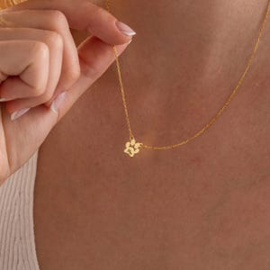 May include: A delicate gold necklace with a paw print pendant. The pendant is a small, detailed representation of a paw. The necklace is shown against a skin tone background, highlighting the jewelry's design and colour.