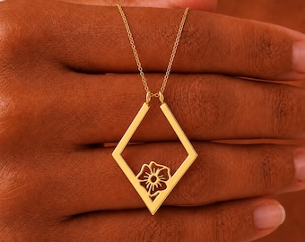 Collier porte bague fleur de naissance géométrique, pendentif porte bague de fiançailles personnalisé, bijoux de gardien d'alliances, cadeau d'anniversaire pour femme