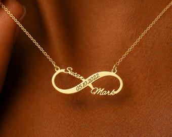 Collier deux prénoms, pendentif infini personnalisé, bijou d'anniversaire en argent sterling pour femme