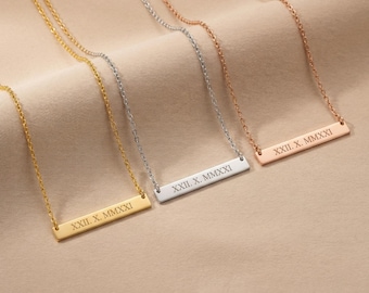 Personalised Roman Numeral Necklace, Sterling Silver Wedding Date Jewellery, Horizontal Bar Pendant