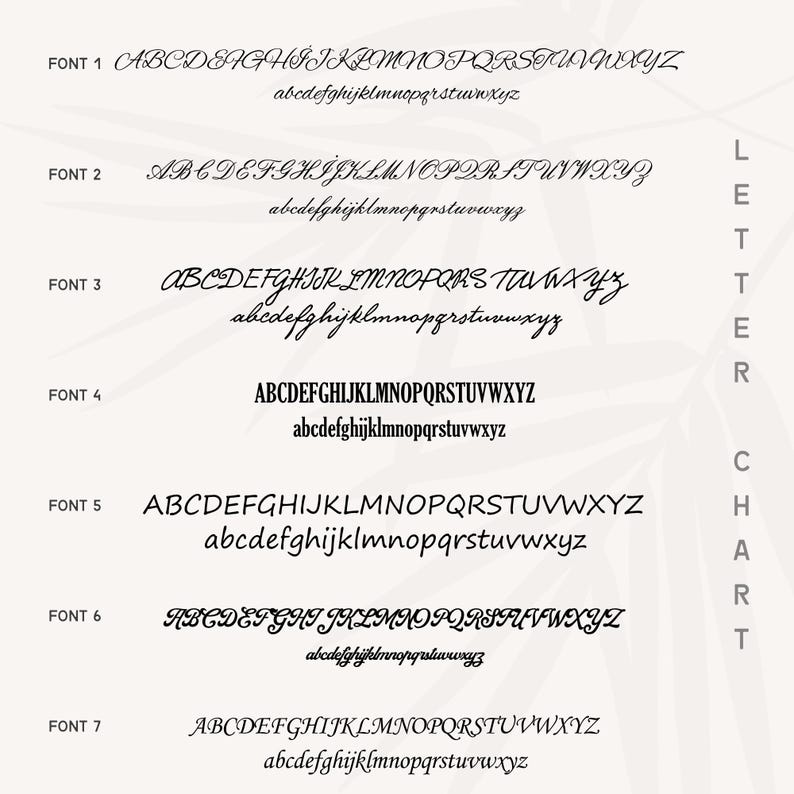 May include: A letter chart showcasing seven distinct font styles. Each font presents both uppercase and lowercase alphabets. The fonts range in style, including script and sans-serif options. The text "Letter Chart" is vertically aligned on the right.