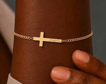 Engraved Cross Bracelet, Custom Bracelet Name And Cross, Personalised Confirmation Jewellery, Christian Baptism Gift