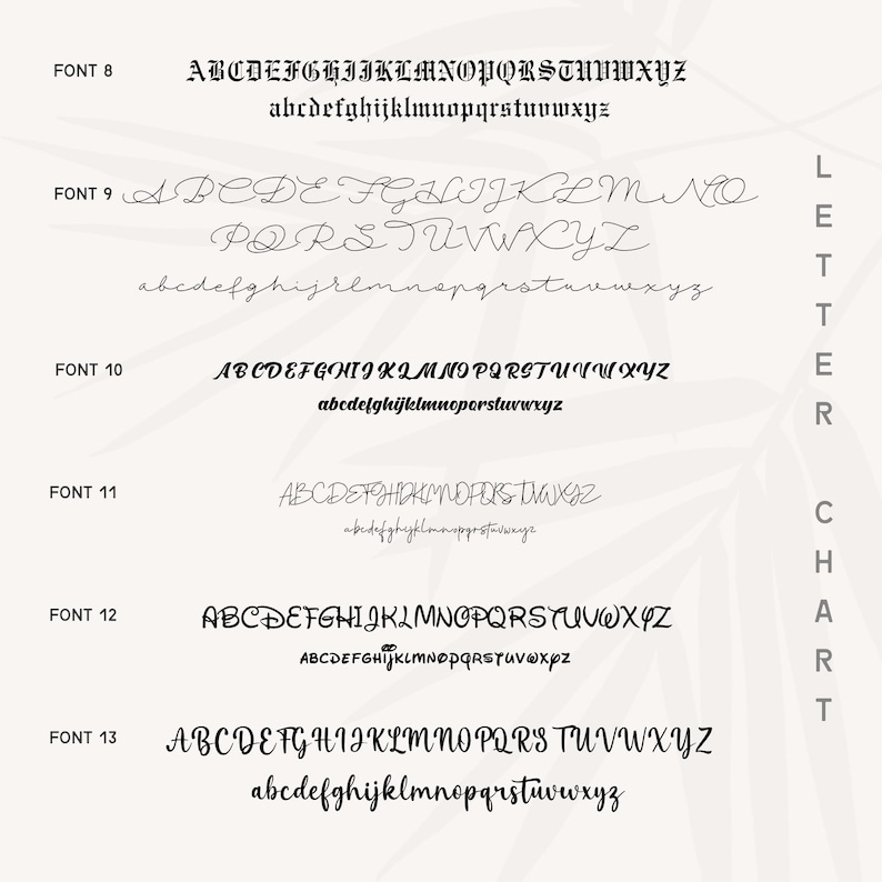 May include: A letter chart showcasing different font styles, with uppercase and lowercase alphabets for each. Fonts are numbered from 8 to 13. The text "Letter Chart" is vertically aligned on the right side of the image.