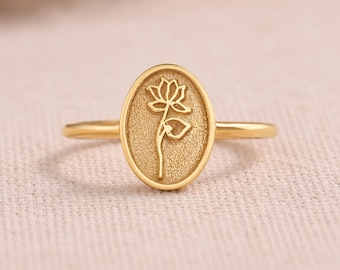Bague ovale Fleur de Naissance, Chevalière en argent sterling, Gravure florale personnalisée, Bijou personnalisé Mois de Naissance, Cadeau pour Elle