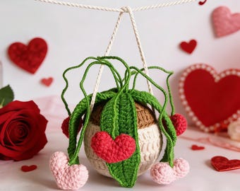Valentine's Crochet Hanging Basket: Handmade Heart Car Decor Gift for Lover