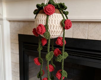 Valentine's Crochet Rose Hanging Basket: Handmade Heart Car Decor Gift for Lover