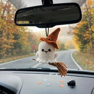 Halloween Crochet Ghost Witch Broom Car Mirror Hanging Charm, Halloween Handmade Rearview Mirror Ornament
