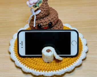 Funny Crochet Phone Holder, Toilet Paper Poop Desk Stand, Handmade Quirky Phone Stand, Bathroom Humor Desk Decor, Gag Gift Idea
