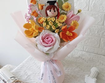 Crochet Graduation Bouquet with Custom Doll, Handmade Flower Gift for Graduate Girl