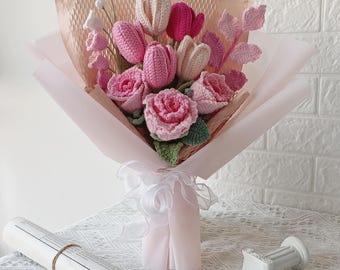 Crochet flowers bouquet: Handmade Everlasting Anniversary Mother's day never wilt Floral gift for Mom, Friends, Family, Lover, Sister