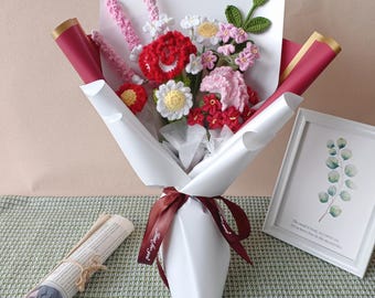 Carnation Crochet Flowers Bouquet: Handmade Custom Everlasting Birthday Anniversary Gift for Family and Holiday