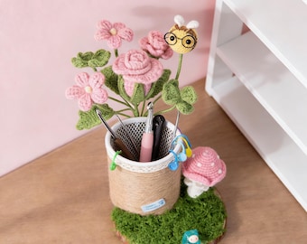 Crocheted Rose Pen Holder and Phone Stand, Desk Organizer, Back to School Gift