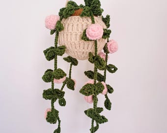 Valentine's Crochet Rose Hanging Basket: Handmade Heart Car Decor Gift for Lover