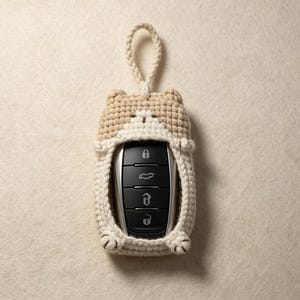 May include: A beige and cream crocheted cat-shaped key fob cover featuring a small loop at the top. The cover encases a black car key fob with four buttons, including icons for locking, unlocking, and trunk release, visible through the center opening.