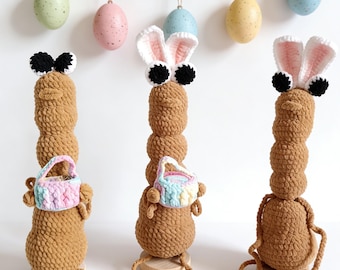 Easter's Marcus the Worm Plush Lamp: Handmade Crochet Amigurumi Toy with Rabbit Ear and Basket gift for Lover