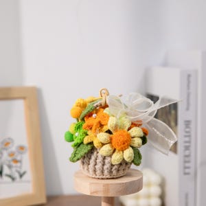 Handmade Crochet Flowers Basket, car charm, rear view mirror school bag keychain, Eternal Flower, Summer Gifts, Back to School gift for her