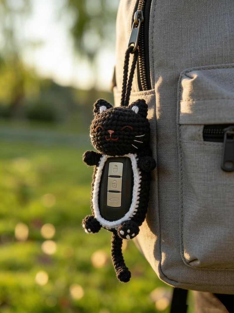 May include: A black and white crocheted cat-shaped key fob cover featuring a small embroidered face with whiskers and a long tail. The cover is designed to hold a car key fob, with the buttons visible through the center opening of the cat's body.
